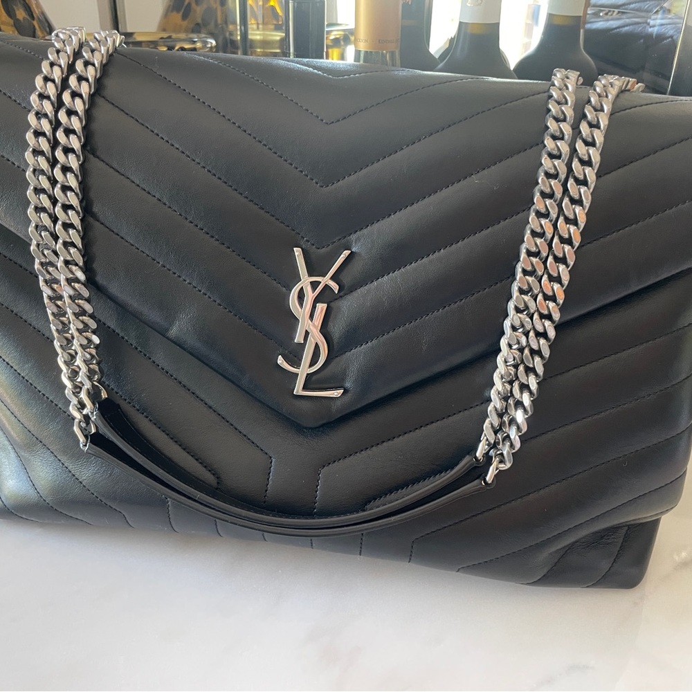 YSL Large LouLou Matelassé Shoulder Tote with Silver Accents | Black